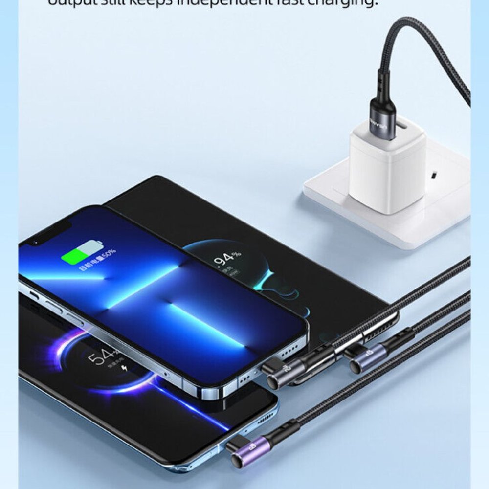 USAMS Fast Charging Cable US-SJ561 U80 3IN1 Right-angle 66W 1.2m - Picture 2 of 8